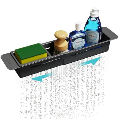 NiHome Extendable Kitchen Sink Caddy, Small Brush Sponge Storage Holder | Expandable Kitchen In Sink Organizer for Brush & Sponge with Drainage, Adjustable Length, Non-Slip Pads, Durable ABS (Black)