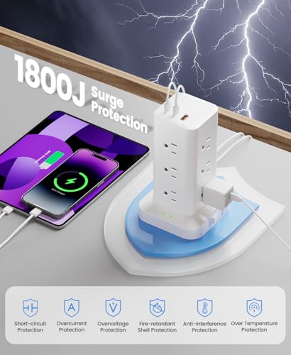 Power Strip Tower with Surge Protector 1800J, Fast Charging Tower PD20W USB-C Ports with 12 AC Outlets, Extension Cord for Home Office Dorm Room, 10ft, White