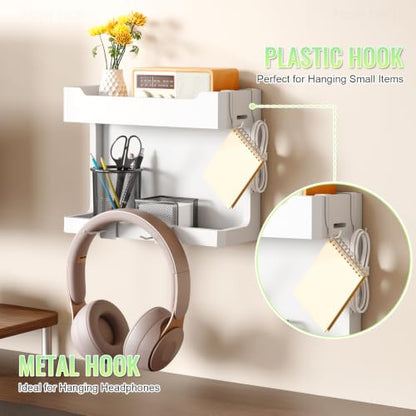 NiHome Bedside Wall Shelf Organizer, Wood 2-Tier Floating Nightstand, White | Dual Mount Adhesive Or Screw, 4 DIY Hooks, Cell Phone Glasses Holder, College Dorm Room Essentials