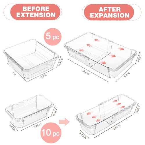 15 Pcs Extendable Clear Drawer Organizer, All Adjustable Vanity Storage Box, 2-Size Desk Drawer Organizer, Acrylic Storage Bins for Makeup, Cosmetic, Bedroom Dressers Tool Organizer for Gadgets