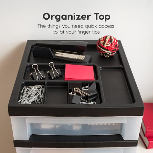 IRIS USA 10-Drawer Rolling Storage Cart, Black/Clear | Keep craft supplies, office essentials, classroom items, and accessories organized with easy-access drawers for daily use