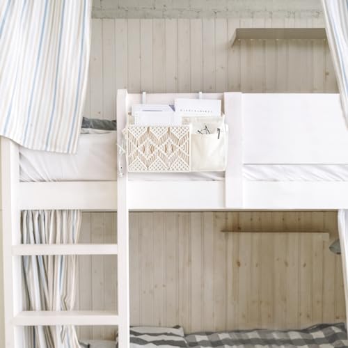 Mkono Bedside Caddy, Macrame Hanging Organizer, 4 Pockets Ivory Metal Hooks | Dorm Room Essentials, Boho Storage, Bunk Loft Bed Bedroom Nursery, Laptop Phone Remote Magazine Glasses, Fixed Straps