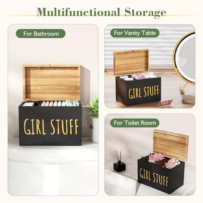 Wooden Tampon Holder, Matte Black, Hinged Lid Organizer | Shark Week Period Box, Pad Holder for Bathroom, Tampon Storage, Feminine Product Organizer, Stylish Girl Stuff Box
