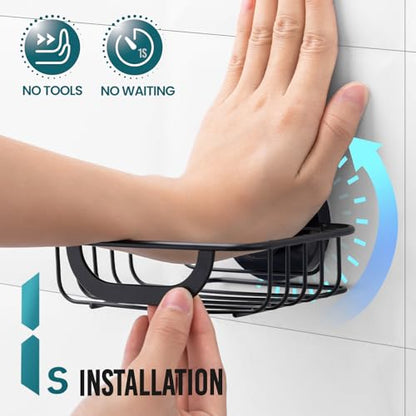 TAILI Soap Holder, Soap Dish Suction Cup with Hooks, Stainless Steel, Black | Soap Dish for Shower, Bathroom Bar soap holder Shower Wall, Stainless Steel Sponge Holder for Tub Kitchen