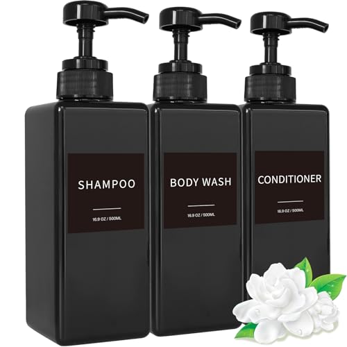 Shampoo and Conditioner Dispenser, Refillable Plastic Shampoo Pump Bottles with Waterproof Labels, Empty Body Wash Dispenser Set for Bathroom, Shower Soap Bottles (Black, Set of 3, 16.9oz)
