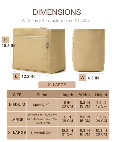 Tote Bag Organizer Insert with Stanley Cup Holder and Zipper Bag, Compatible with Neverfull, Saint Louis and More, 9 Pockets (Beige, Large)