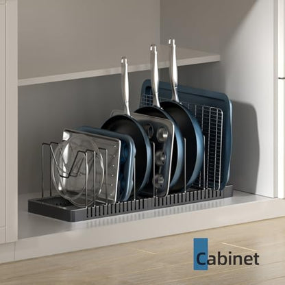 Pots and Pans Organizer under Cabinet, Expandable Pot Lid Organizer Holder with 10 Adjustable Compartment, Pan Organizers inside Cabinet for Lids, Bakeware, Kitchen Storage Pot Rack, Black