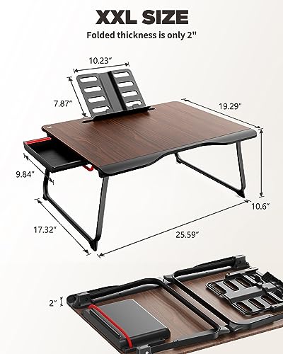 SAIJI Laptop Desk for Bed, XX-Large Foldable Bed Tray Table, 25.6" x 19.3" | Laptop Table for Eating Breakfast, Writing Working Gaming Drawing with Storage Drawer, Bookstand, Tablet Stand, Black Cherry