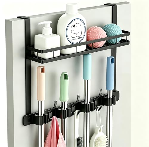 Over the Door Heavy Duty Metal Broom & Mop Holder, No-Drill Cleaning Supply Organizer with 4 Grips, 3 Hooks & 1 Storage Basket for Laundry Room & Garage