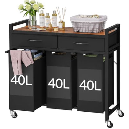 Laundry Sorter 3 Section, 120 L Laundry Hamper with 2 Drawers & 2-tone Top Panel, Rolling Laundry Basket Organizer with Pull-Out Removable Oxford Fabric Bags for Laundry Room Organization UNZYL006BVV3
