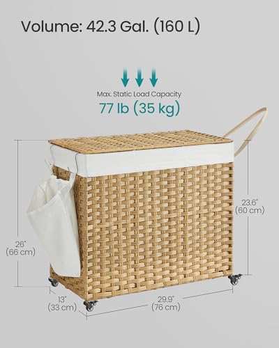 SONGMICS Laundry Hamper with Lid, 42.3 Gallons (160 L), Rolling Laundry Basket with Wheels, 3-Section Synthetic Rattan, Removable Liner, Bedroom, 29.9 x 13 x 26 Inches, Natural ULCB365N01
