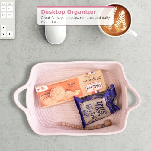 XUANGUO Medium Woven Cotton Rope Storage Basket with Handles, Light Pink | Small decorative rectangle storage bin for baby nursery items and cat toys; ideal as an empty gift basket or dog toy basket