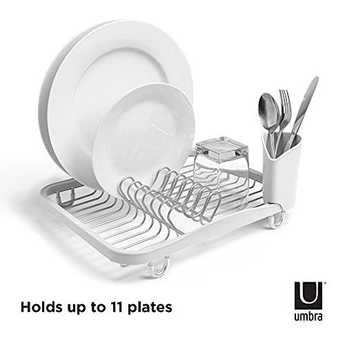 Umbra Sinkin Dish Drying Rack, in Sink or Countertop Drainer, White/Nickel | Removable utensil holder, non slip rubber feet, fits standard sizes, coated wire and plastic
