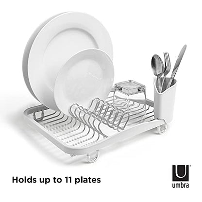 Umbra Sinkin Dish Drying Rack, in Sink or Countertop Drainer, White/Nickel | Removable utensil holder, non slip rubber feet, fits standard sizes, coated wire and plastic