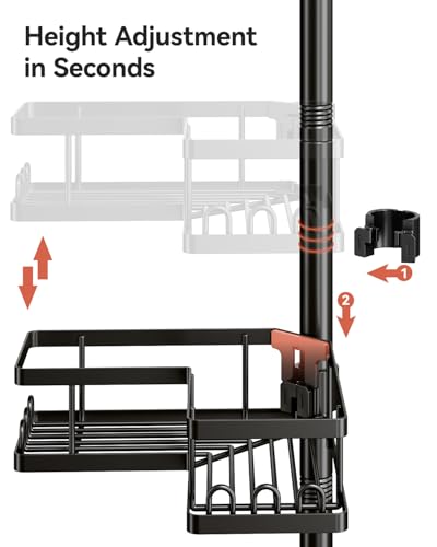 Corner Shower Caddy Tension Pole, 25.7-109.1in Adjustable Shower Shelves, Rust-Resistant Shower Organizer, No-Drill 3-Step Installation, Bathroom Shelves for Renters & Family, Black