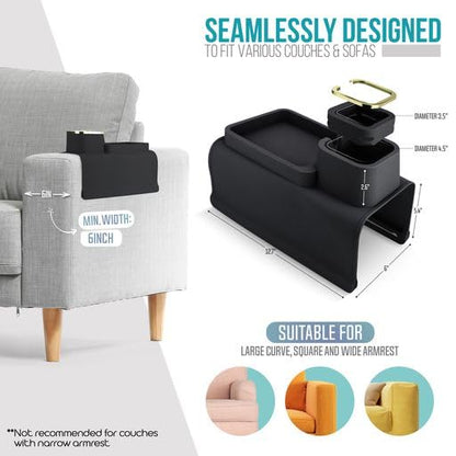 LifeBox Couch Cup Holder Tray & Coffee Cup - Silicone Sofa Cup Holder Couch Arm Rest - Cup Holder Couch Caddy - Cup Holder for Recliner Chair Arm - Couch Remote Holder for Couch Arm Table Black