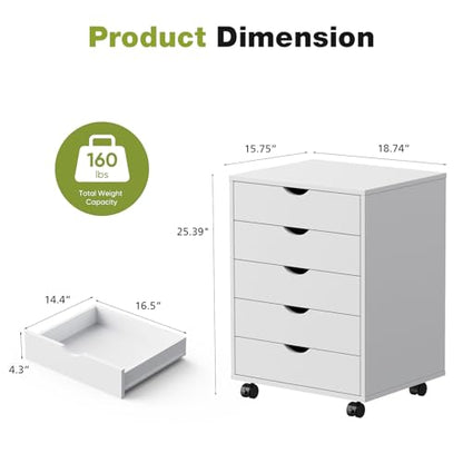 Sweetcrispy 5 Drawer Wooden Dresser, Storage Cabinets, Room Organization | Mobile Rolling Wheels, Vertical Organizer Chest, Home Office Bedroom Furniture, White Wood