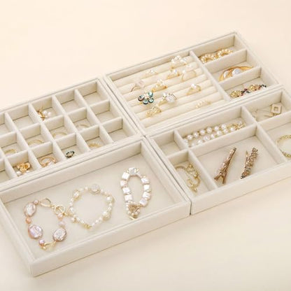 Elsjoy 8 Pack Velvet Jewelry Trays, Stackable Jewelry Organizer Trays for Drawers, Beige Jewelry Storage and Display Tray Inserts for Necklaces, Rings, Earrings