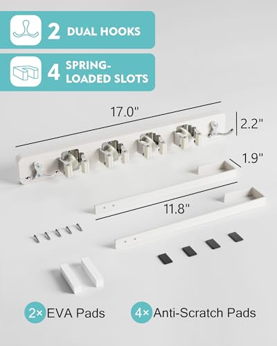 Mop and Broom Holder Wall Mount, No Drill Over the Door, White | 4 Slots & 4 Hooks, No Drill Setup, Wood and Metal Build, EVA Protection Pads, Secure Grip, Laundry Garage Closet Kitchen Use