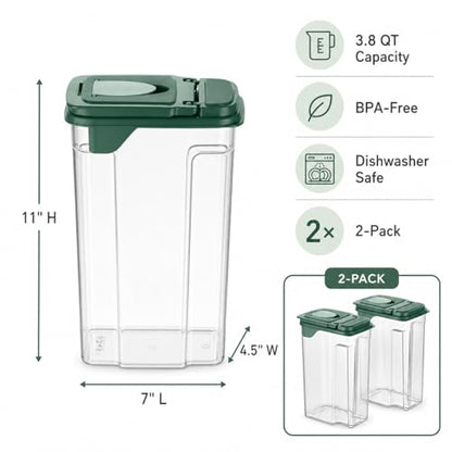 Tribello Food Storage Dispenser with Pour Spout Lid – Pantry Bin – Clear Slim Food Storage Container for Rice, Sugar, Cereal – BPA Free - Kitchen Organization (Large 3.8 Quarts - 2 Pack)