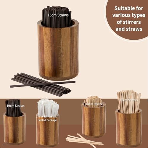 Acacia Wood Coffee Straw Holder Set with 100 Disposable Straws, Wooden Bar Accessories for Milk Cocktail Tea Drinks Stirrer Stir Sticks, Organizer for Station Countertop