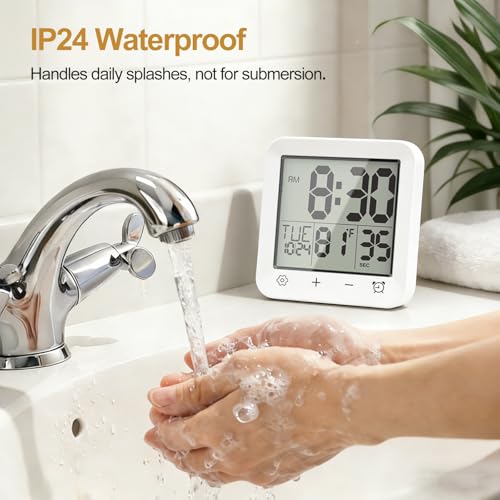 Shower Clock Waterproof, Bathroom Digital Clock with Timer, LCD Display, Touch Screen, Suction Cup, Temp, Seconds, Hanging, Hole Stand, Digital Wall Clocks Battery Operated for Kids and Adults