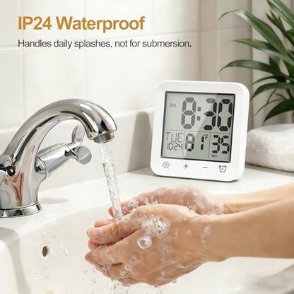 Shower Clock Waterproof, Bathroom Digital Clock with Timer, LCD Display, Touch Screen, Suction Cup, Temp, Seconds, Hanging, Hole Stand, Digital Wall Clocks Battery Operated for Kids and Adults
