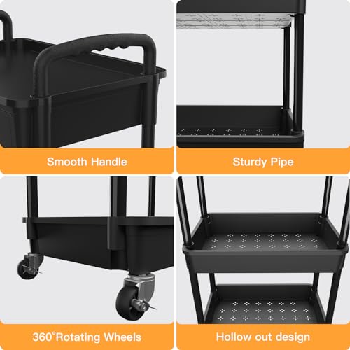 3 Tier Rolling Utility Cart with Drawer,REBECAT Utility Cart Made of Multifunctional Storage Organizer Tool for Kitchen,Bathroom,Living Room,Office(Black)