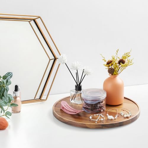 12 Inch Acacia Wood Round Tray, Wooden Decorative Bathroom Coffee Table Tray Centerpiece Candle Holder for Farmhouse Kitchen Dining Room Home Decor Coffee Table Decor and Accessories