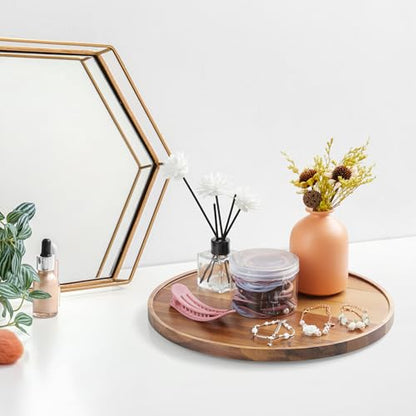 12 Inch Acacia Wood Round Tray, Wooden Decorative Bathroom Coffee Table Tray Centerpiece Candle Holder for Farmhouse Kitchen Dining Room Home Decor Coffee Table Decor and Accessories