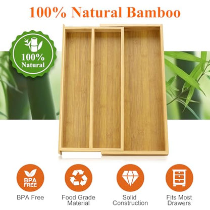 Large Bamboo Kitchen Utensil Drawer Organizer Expandable Silverware Tray | Big Cooking Utensil Drawer Divider Spoon Flatware Organizer Storage Adjustable Wooden Cutlery Holder Tool Knife Spatula Tray