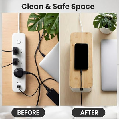 2 Pack Cable Management Box - Cord Organizer Box with Wooden Lid for TV Wires, Power Strips, Router, USB Hub & Under Desk Power: Baby & Pet Proof Cord Management, Cord Hider for Home & Office (White)