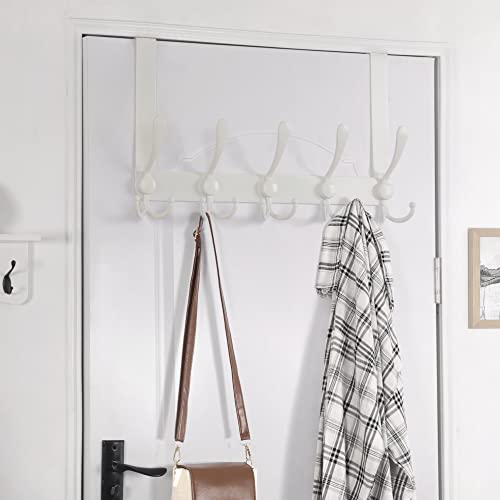Over The Door Hook Hanger - Fits 1 3/8" to 1 3/4" Standard Doors | 5 Tri Hooks Heavy Duty Towel/Coat Rack | Door Organizer for Clothes, Jackets, Hats, Towels, White