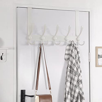 Over The Door Hook Hanger - Fits 1 3/8" to 1 3/4" Standard Doors | 5 Tri Hooks Heavy Duty Towel/Coat Rack | Door Organizer for Clothes, Jackets, Hats, Towels, White