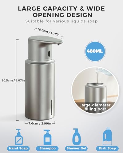 Automatic Liquid Soap Dispenser Touchless, 304 Stainless Steel Bottle Body | 16.2oz/480ml Rechargeable Dish Soap Dispenser, 3 Adjustable Liquid Levels, IPX7 Waterproof, for Kitchen Bathroom