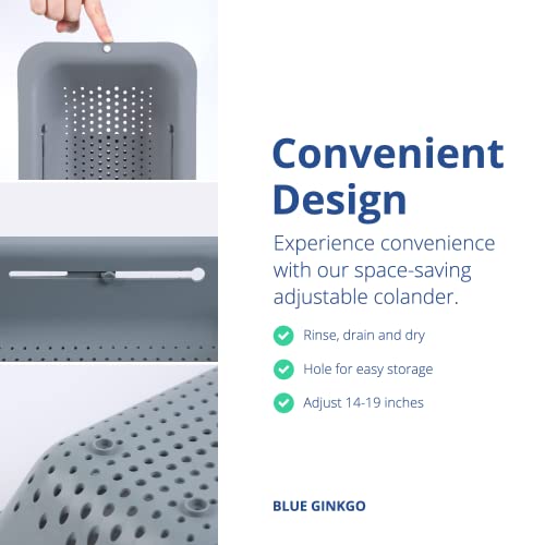 Blue Ginkgo Over Sink Colander, Extendable Kitchen Strainer, Grey | Fits Most Sinks. Rinse, Drain and Dry with Ease.