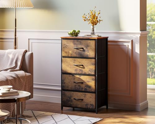 AODK Small Dresser for Bedroom with 4 Storage Drawers, Vintage | Dressers Chest of Drawers Fabric Dresser with Sturdy Steel Frame, Dressers for Closet with Wood Top