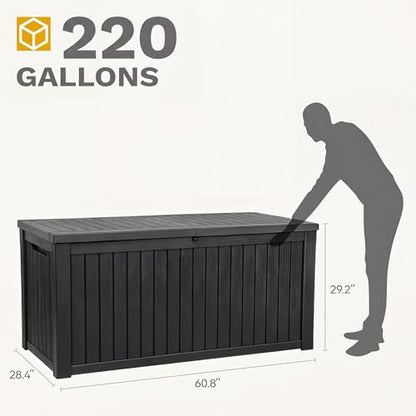 DWVO 220 Gallon Extra-Large Patio Deck Box, Waterproof Resin Outdoor Storage Box with Removable Divider for Patio, Garden, Pool, Furniture and Tools, Black