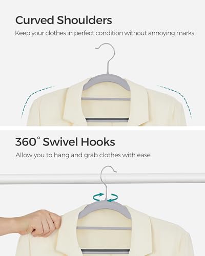 SONGMICS Pack of 50 Coat Hangers, Space-Saving Plastic Clothes Hangers, Non-Slip, 0.2 Inches Slim, 16.5 Inches Wide, 360° Swivel Silver Hook, Light Gray and Dark Gray UCRP20G50