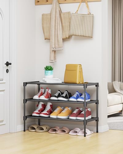 Kitsure Shoe Rack - Non-Woven Shoe Rack Shelf, 27.5" Wide - 3 Tier, Black | Shoe Organizer for Closet, Entryway, Garage, Stackable Shoe Shelves, college dorm&apartment essentials