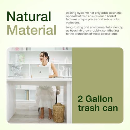 Tidita Water Hyacinth Bathroom Garbage Can with a Lid, 2 Gallon Capacity | Water Hyacinth, Iron Frame, Removable Liner, Compact, Handwoven Design, Boho Style, Kitchen, Bedroom, Office, No Assembly