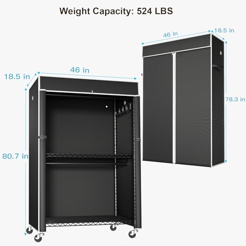 Black Clothing Rack with Black Cover, P1C Plus Rolling Closet | Metal Garment Rack with Wheels for Hanging Clothes, Portable Clothing Storage Wardrobe