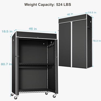 Black Clothing Rack with Black Cover, P1C Plus Rolling Closet | Metal Garment Rack with Wheels for Hanging Clothes, Portable Clothing Storage Wardrobe