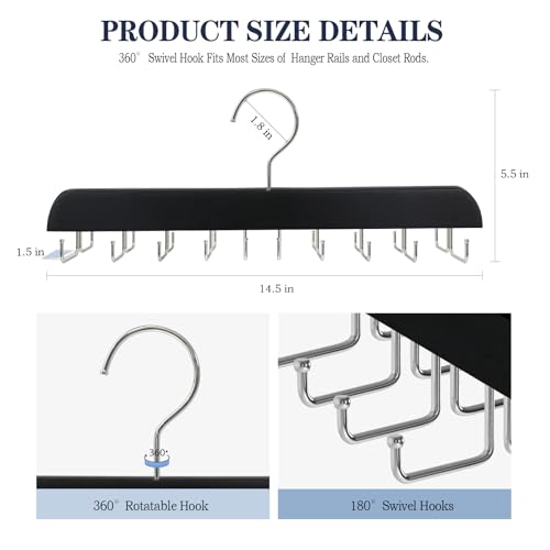 2PC Tie Rack Organizer, Tie Hanger for Closet with 20 Foldable Hooks, Black | Non Slip Neck Tie Organizer, Large Capacity, Space Saving, 360° Rotating Hook, Fits for Tank Tops Bras Cami Scarves