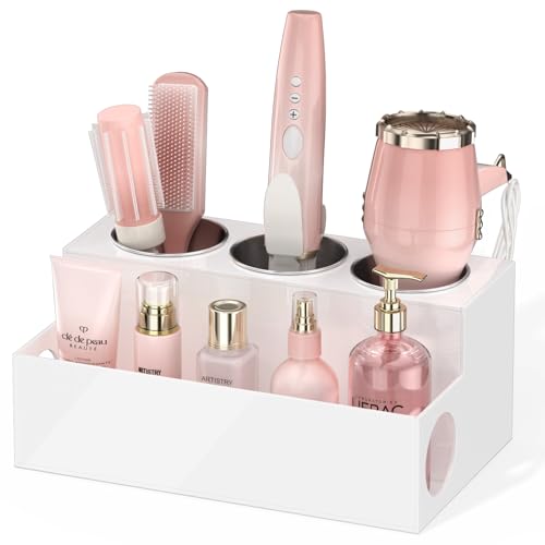 NIUBEE Acrylic Hair Tool Organizer,Hair Dryer Holder Countertop with 3 Cups | White, Hot Tools Organizer, Hair Blow Dryer Organizer for Curling Iron, Brush, Straightener, Makeup,Skincare,Vanity, Bathroom