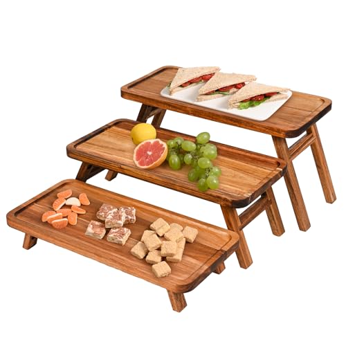 3 Tier Serving Tray Acacia Wooden Tiered Tray Stand Foldable Dessert Table Display Set Decor Charcuterie Boards for Party, Birthday, Wedding, Christmas