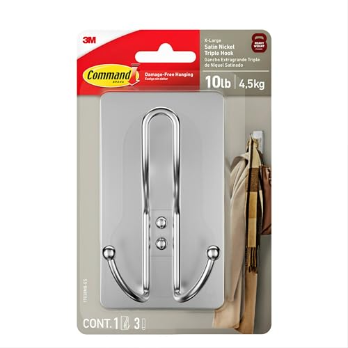 Command X-Large Satin Nickel Triple Hooks, 1 Hook, 3 Strips | Heavy Duty, Damage-Free Hanging with Adhesive Strips, No Tools Wall Hook for Hanging Decorations, Holds up to 10 lb