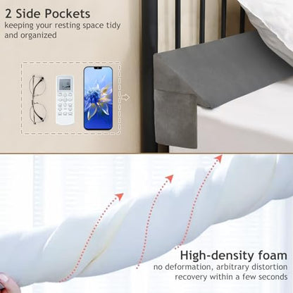 Vekkia Queen Bed Wedge Pillow for Headboard Gap Filler(0-5"),High-Density Foam,Prevents Pillows & Items from Falling,Ergonomic Design,Large Storage Pockets, Removable&Washable Cover,Gray,60''x10''x6''