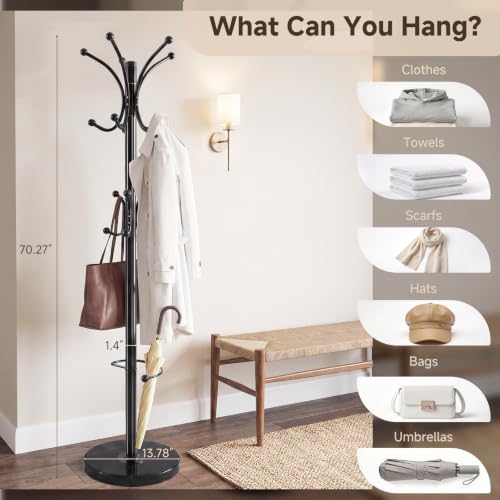 Marble Base Coat Rack Freestanding, 360° Rotary 16 Hooks Black | Heavy Duty Standing Coat Rack with Umbrella Holder, Larger 13.78" Base for Entryway Bedroom Office Living Room