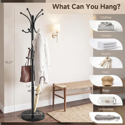 Marble Base Coat Rack Freestanding, 360° Rotary 16 Hooks Black | Heavy Duty Standing Coat Rack with Umbrella Holder, Larger 13.78" Base for Entryway Bedroom Office Living Room